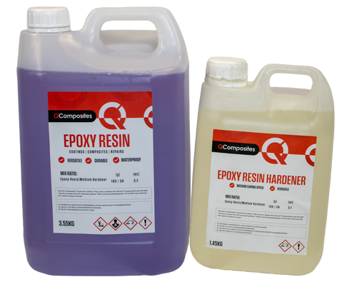 This image contains a picture of epoxy resin and an epoxy resin hardener in a plastic jerry can.