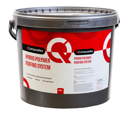 This image contains a plastic container of hybrid polymer roofing system. The all in one roofing resin.